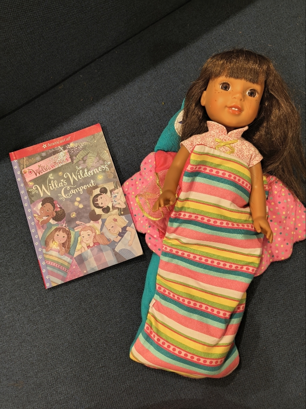 American Girl Wellie Wisher Doll Ashlyn with Sleeping Bag And Book!
